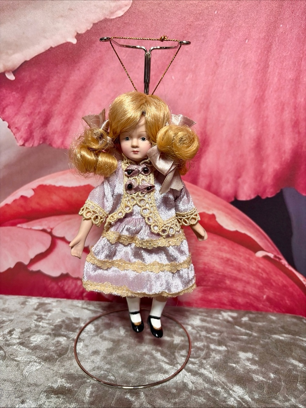 7" Collectible Porcelain Doll Blonde Pink Velvet Dress Lace Hanging Display